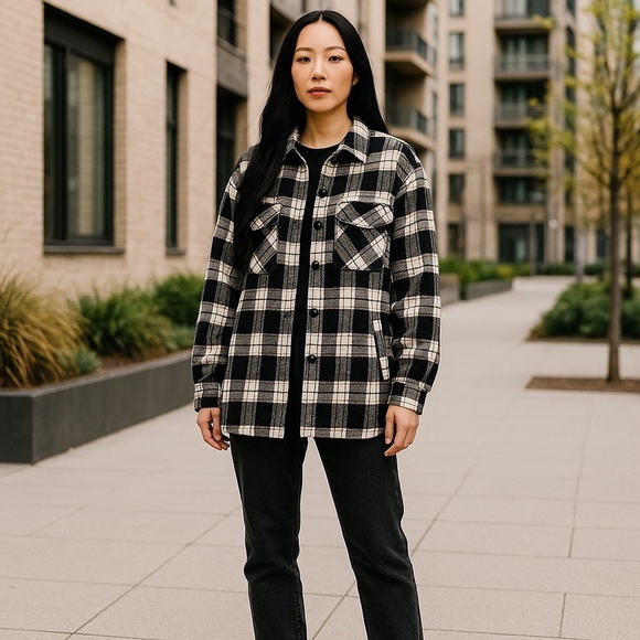 Women’s Plaid Shacket Black White Checkered Size XXL - Picture 2 of 8